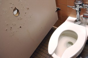 A glory hole in a bathroom in Middleton Library. Photo by James Spencer.